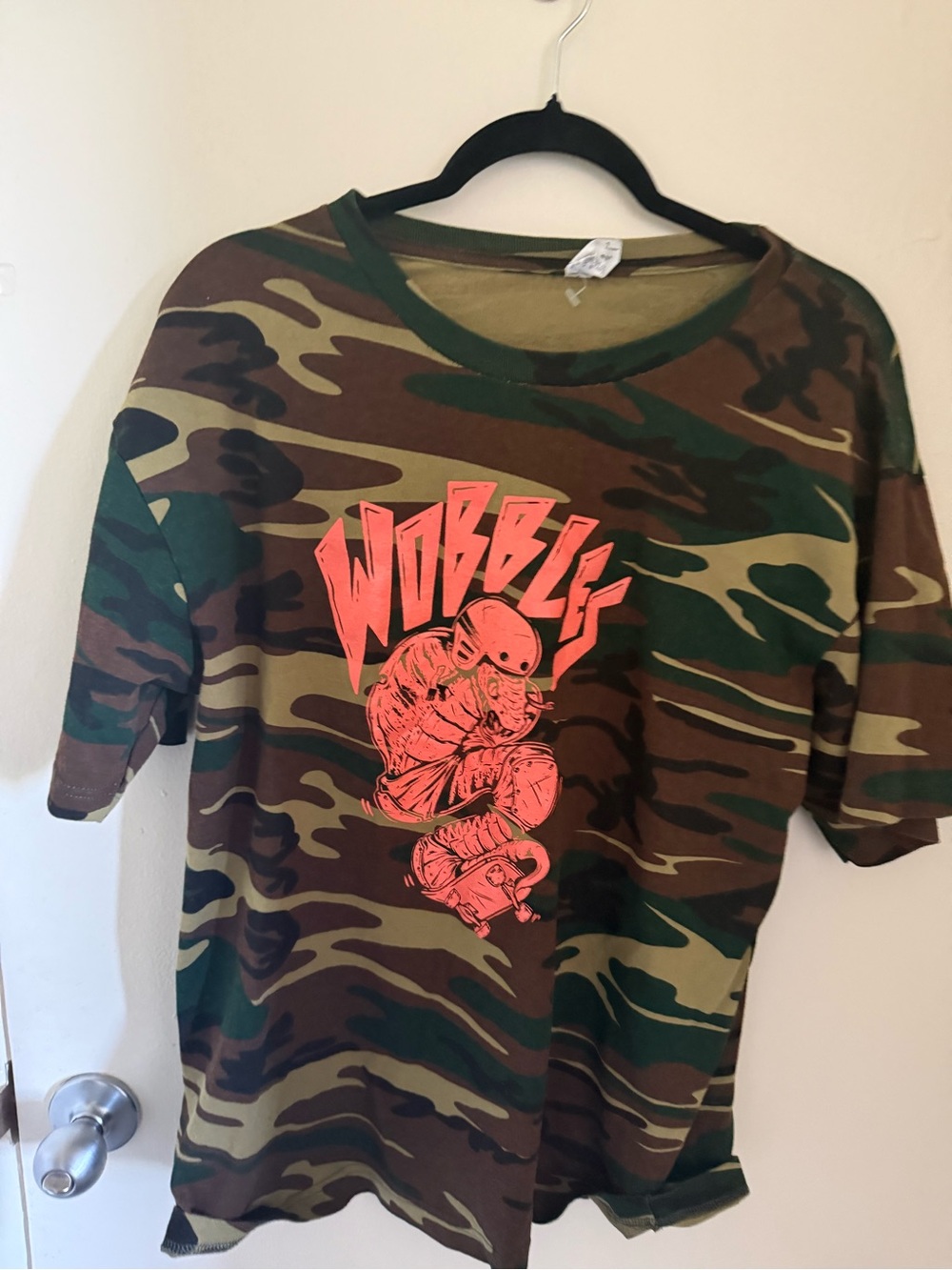 Wobbly Camo Skate Tee - Green Camo with Neon Pink Graphic